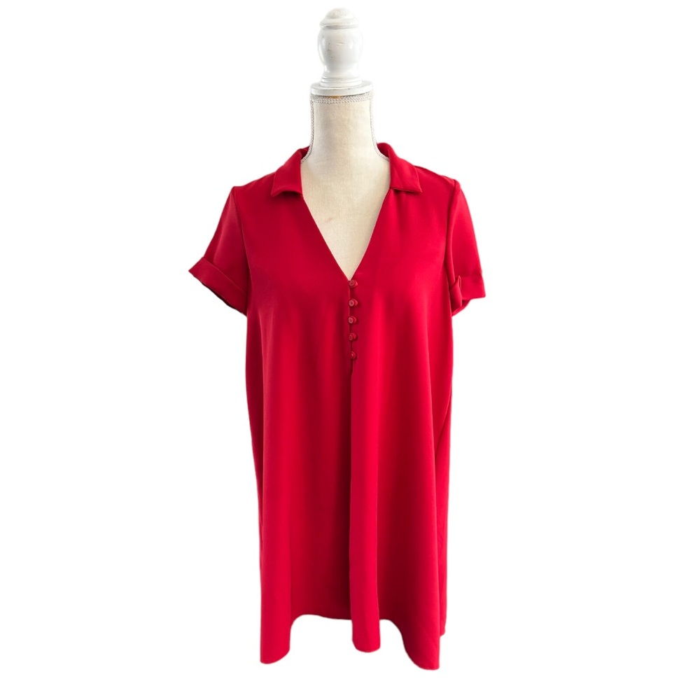 Zara | Red Button Up Neck collared Shift Dress size M